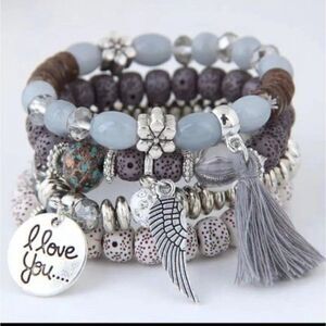 4pcs Tassel & Wing Charm Beaded Bracelet Set